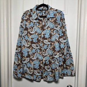 Tasso Elba Paisley Button Down Shirt Brown Blue XXL Retro Bold